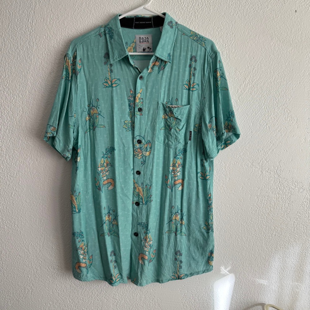 Baja Llama Men's Large Nighthawk ButtonUp Shirt Blue Flower Hawaiian Funky Retro